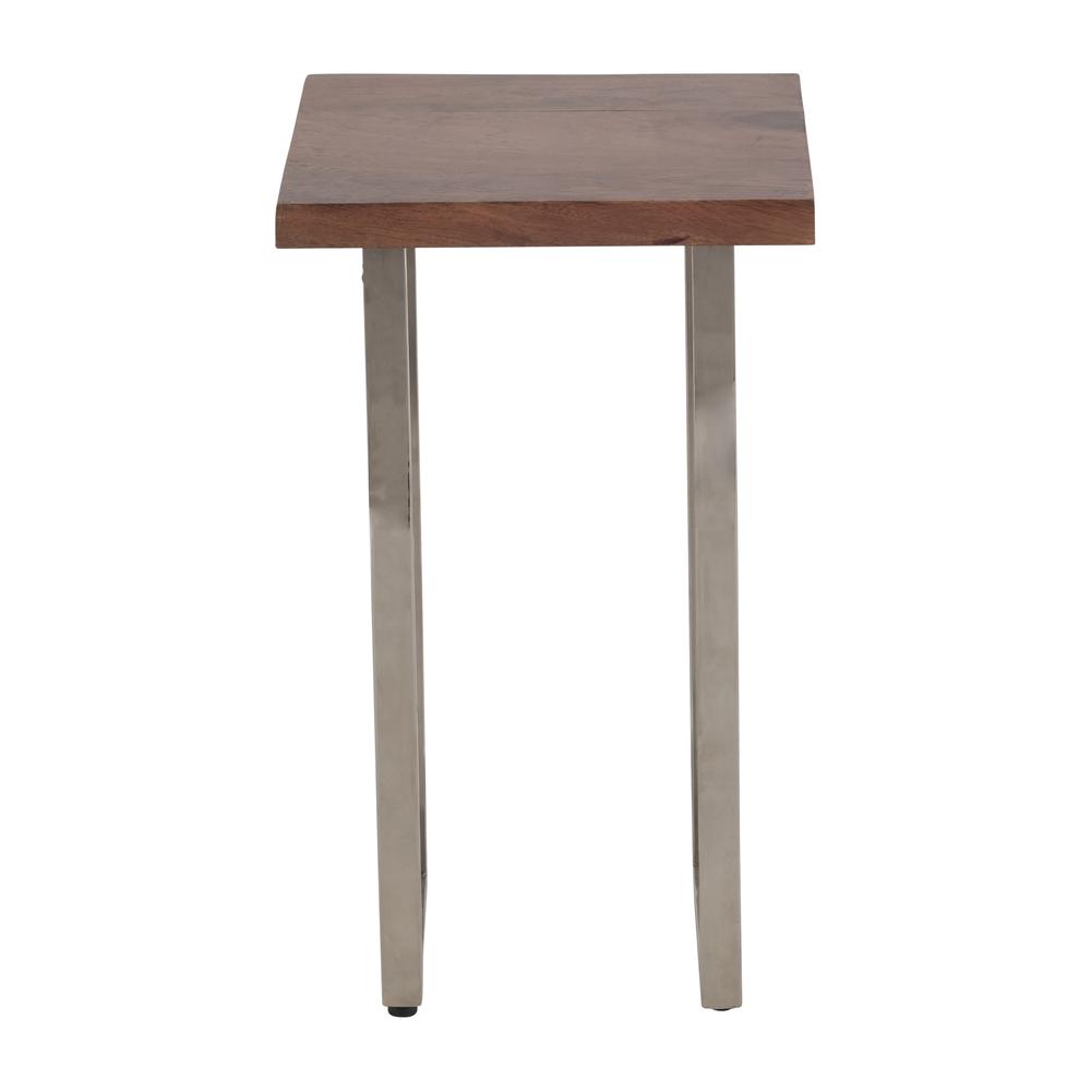 Metal, 20" Square Wood Top Accent Table, Silver. Picture 2