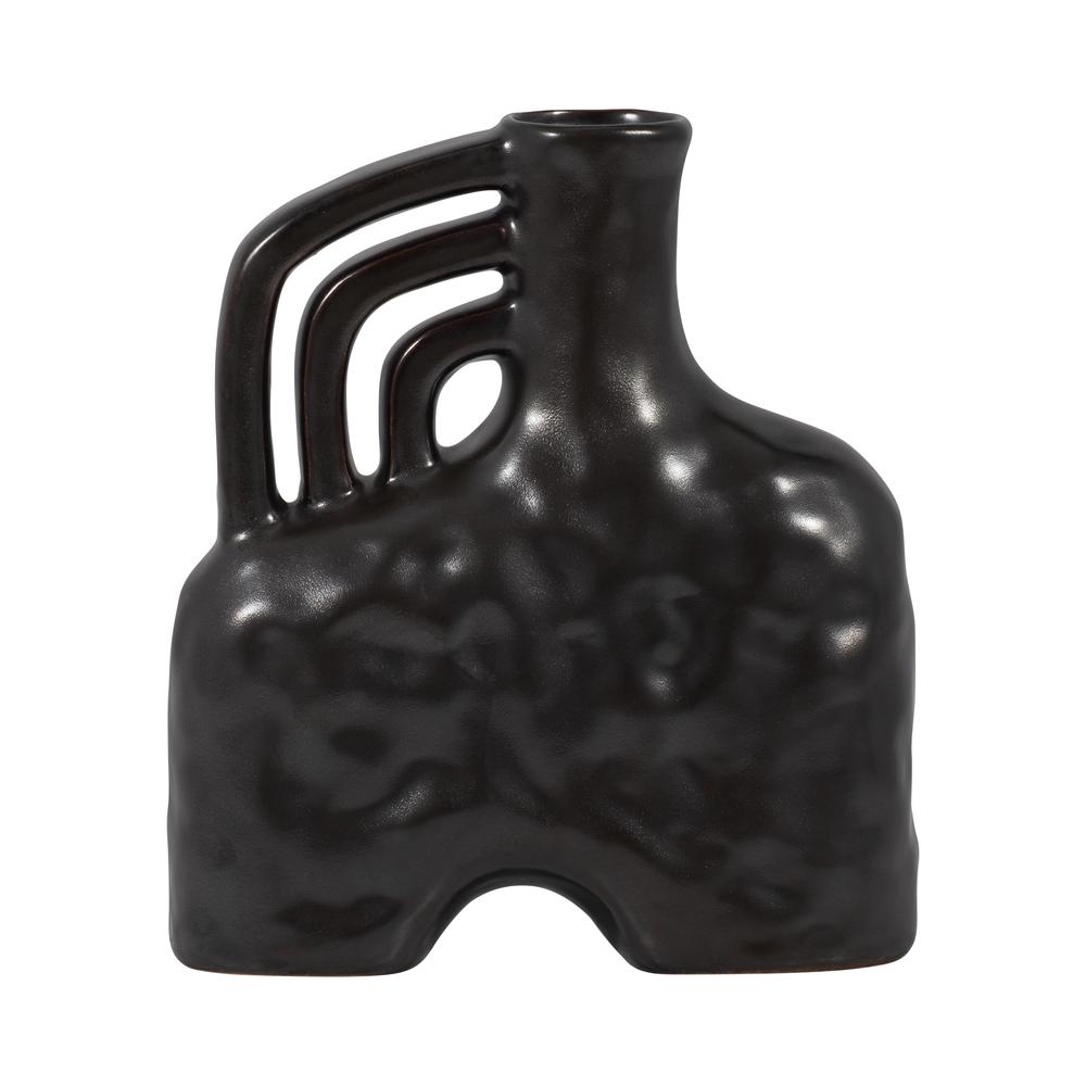 Cer, 8" Metallic Triple Handle Vase, Black. Picture 1