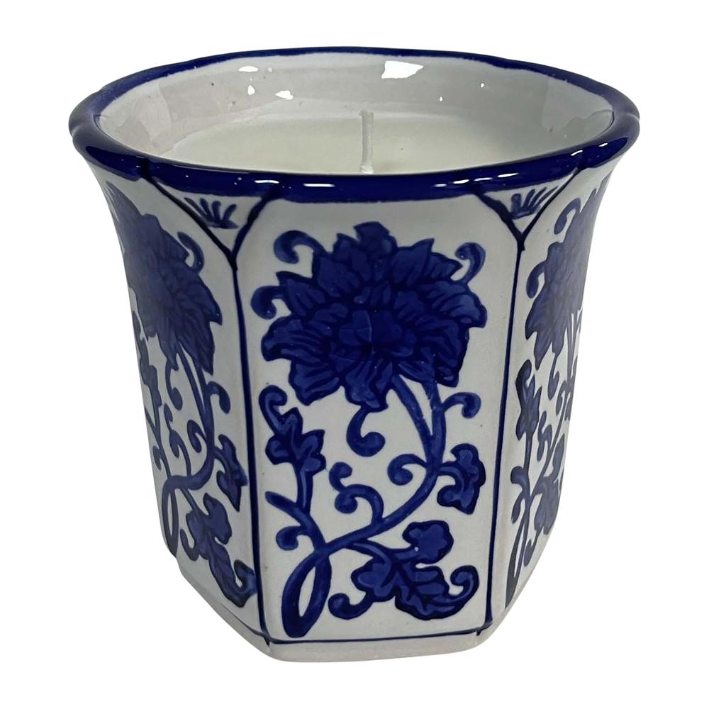 4", 6oz Fluted Chinoiserie Candle , Blue/white. Picture 1