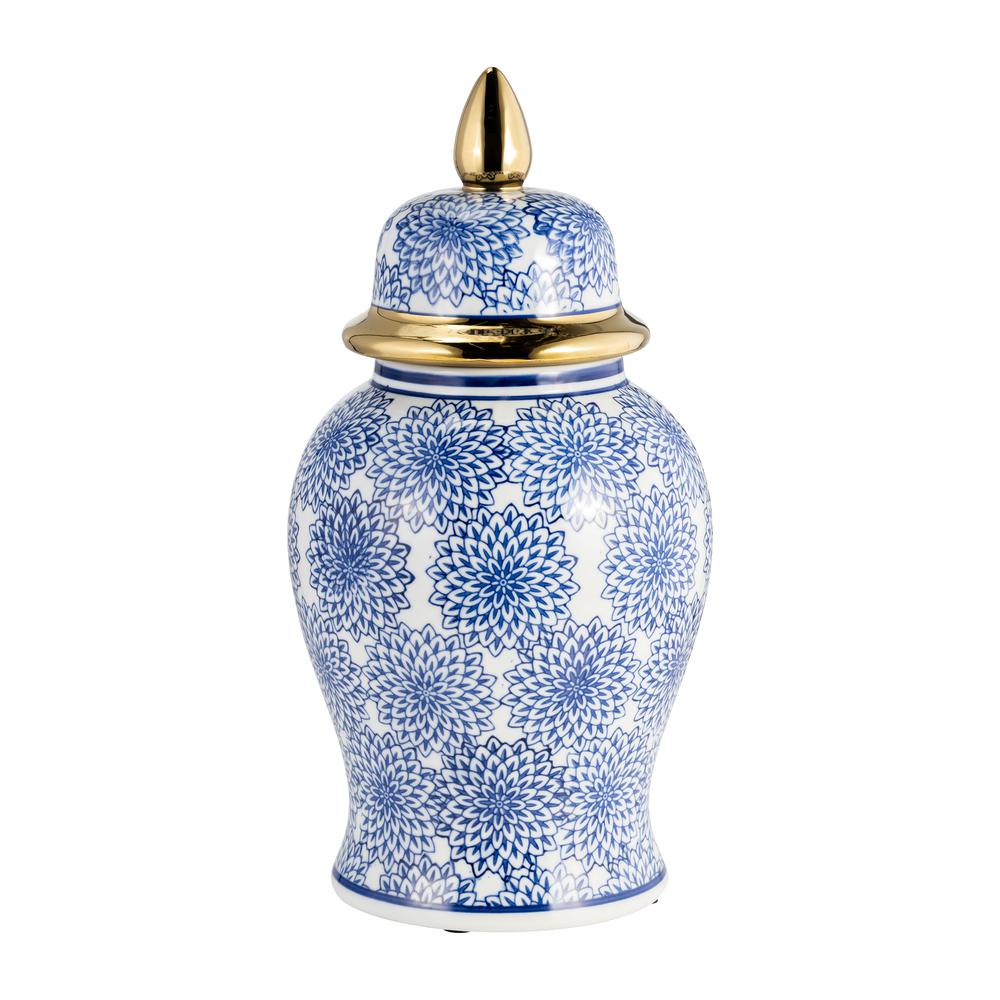 14" Temple Jar W/dalhia Flower,blue & White. Picture 1