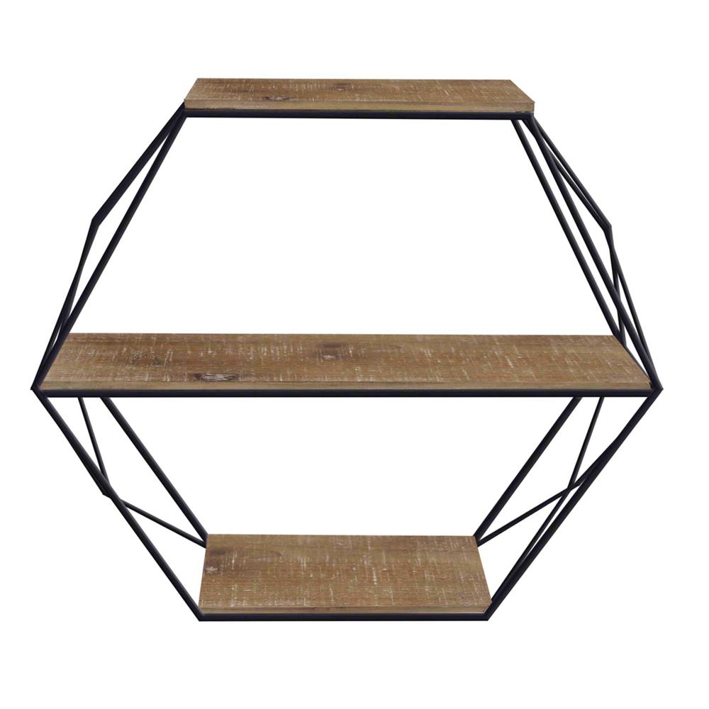 Metal/wood 3 Tier Hexagon Wall Shelf, Brown/black. Picture 1