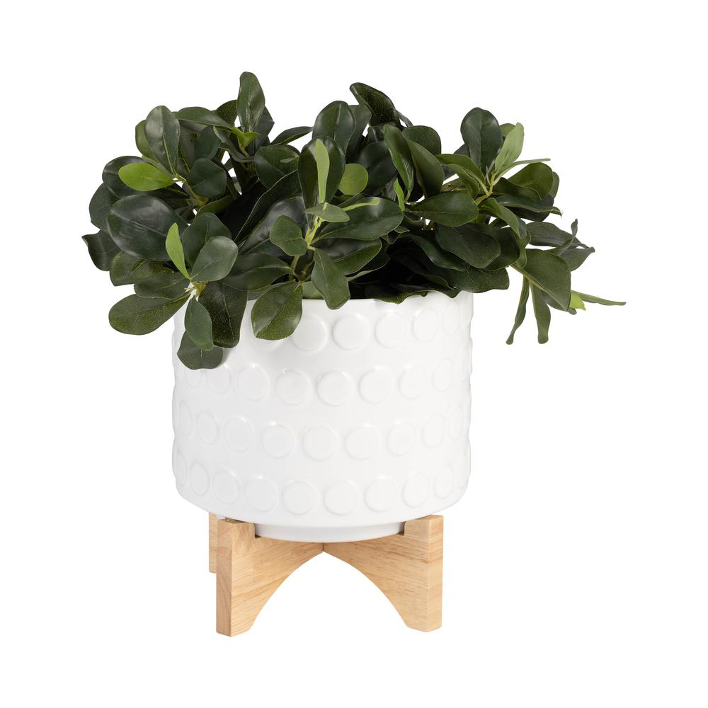 Ceramic 8" Planter On Wooden Stand, White. Picture 3