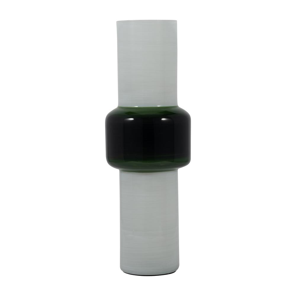 Glass, 19" Modern Cylinder Vase, White/green. Picture 1