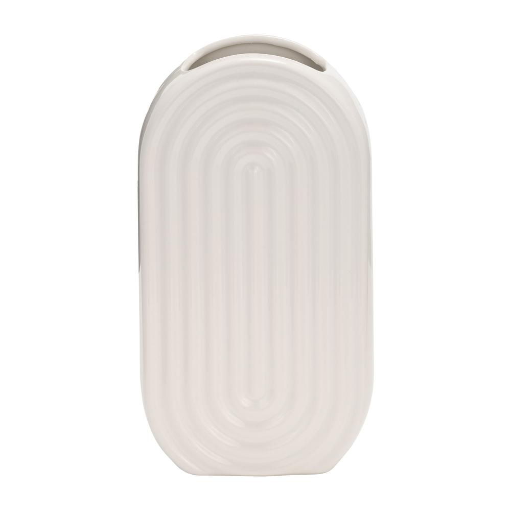 Cer, 11" Oval Ridged Vase, White. Picture 1