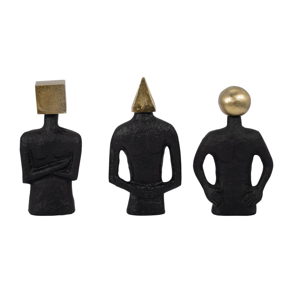 Metal, S/3 11" Man With Square Head, Black/gold. Picture 1