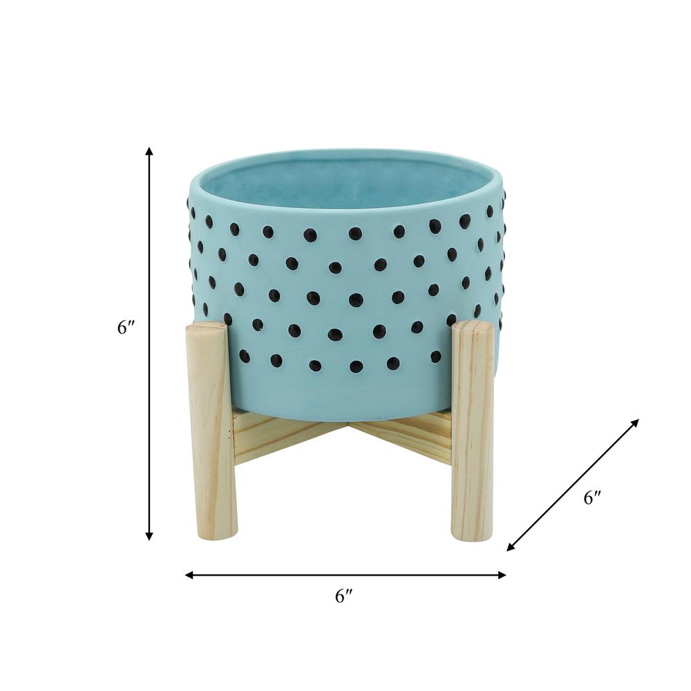6" Dotted Planter W/ Wood Stand, Blue. Picture 3