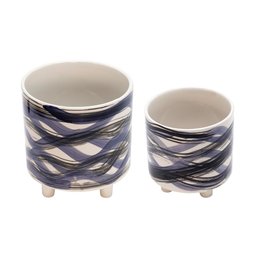 S/2 Footed Planters 9/6", Abstract Blue. Picture 1