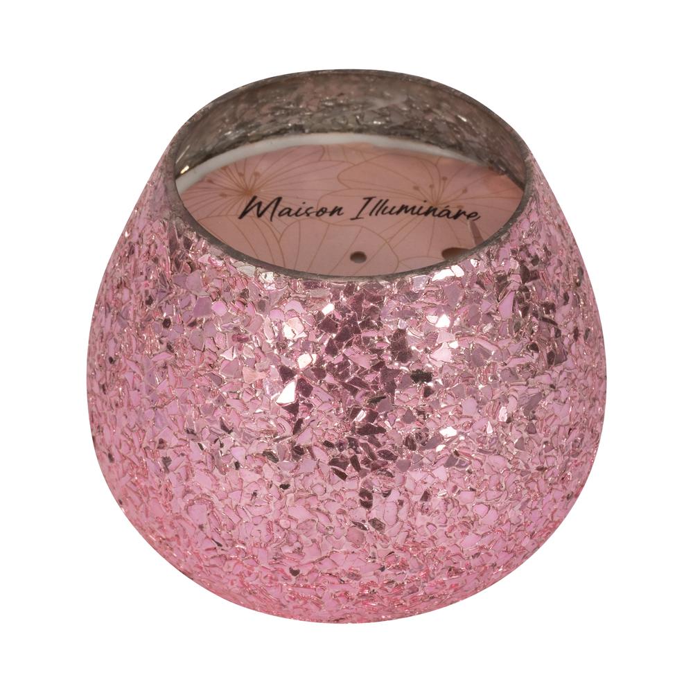 Glass, 5" 17 Oz Crackled Scented Candle, Pink. Picture 2