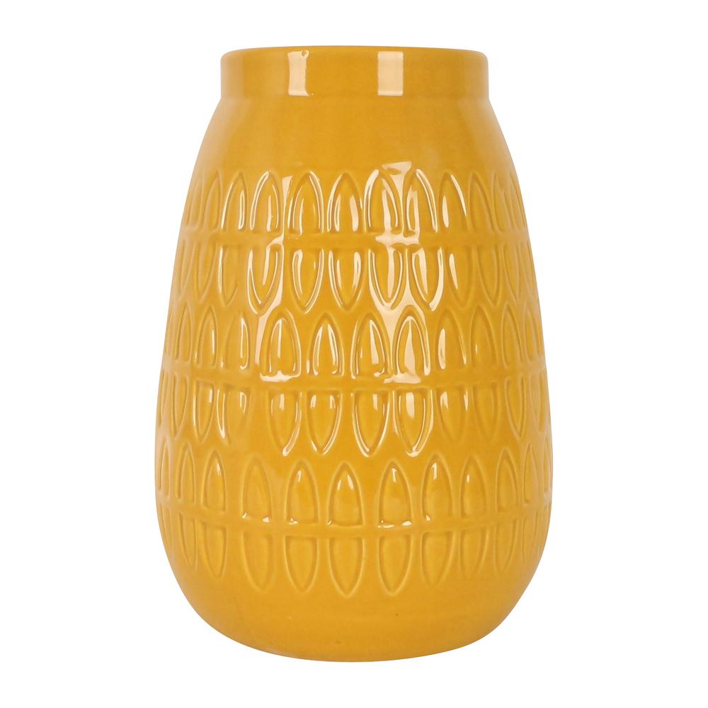 Cer, 8"h Carved Vase, Mustard Gold. Picture 1