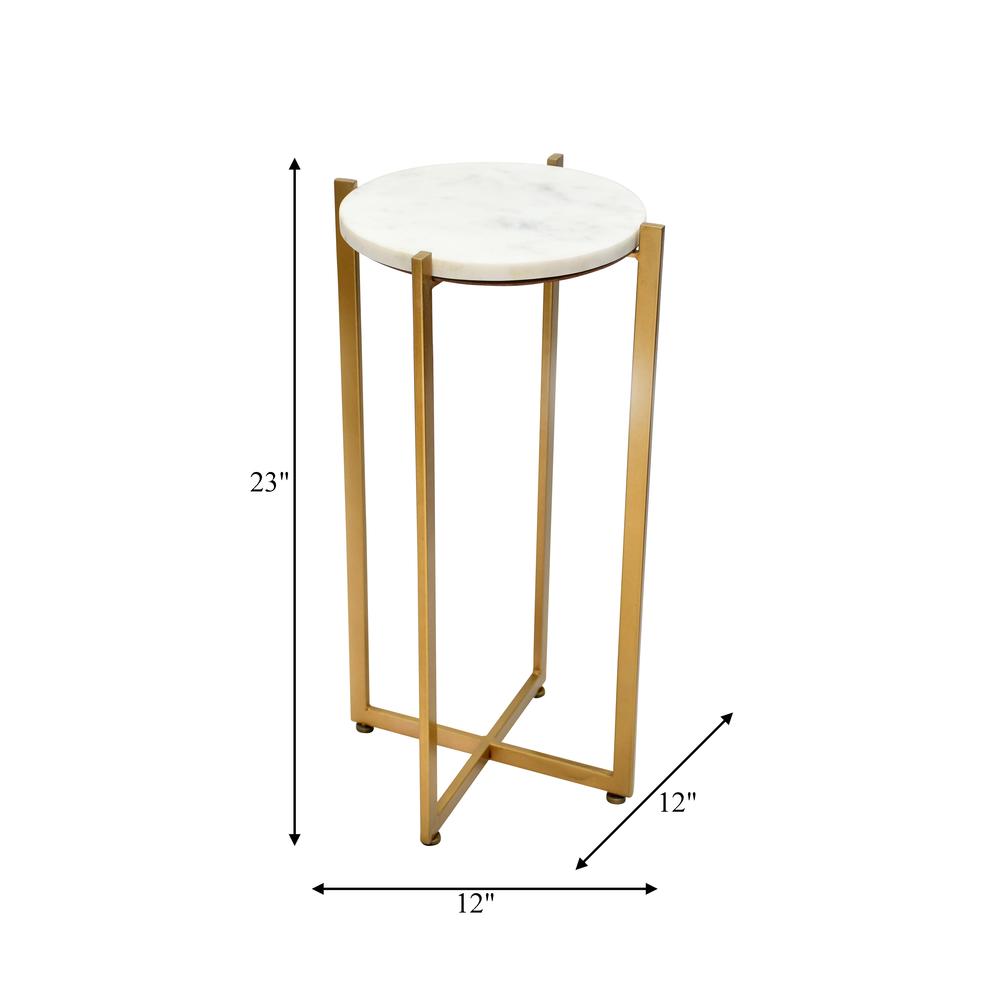 Metal, 23" Round Marble Top Accent Table, Gold. Picture 2