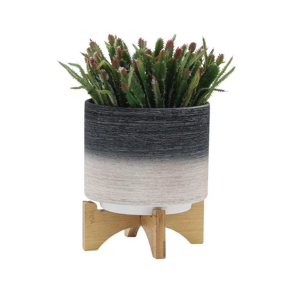 Cer, S/2 8/10" Planter On Wooden Stand, Gray. Picture 2