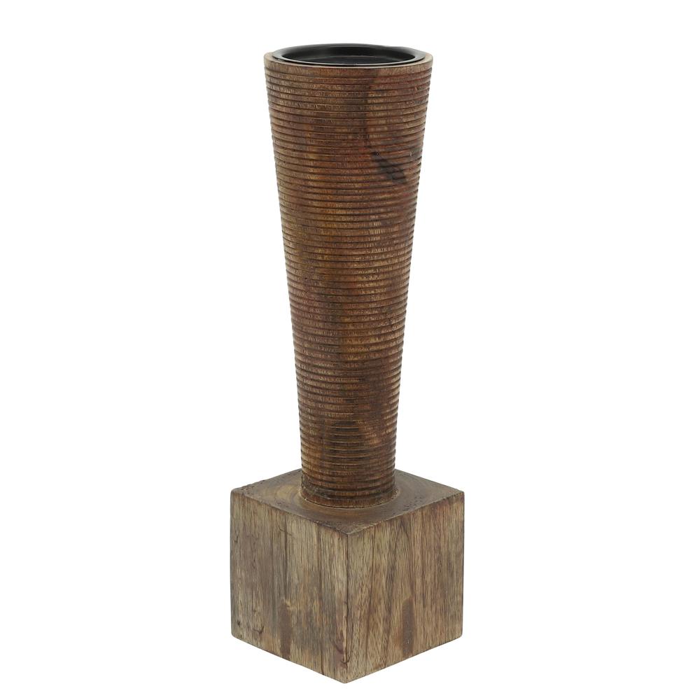 Wood, 13"h, Geometric Candle Holder, Brown. Picture 1