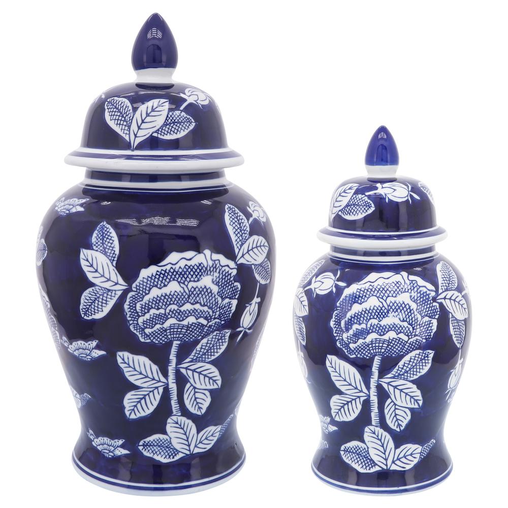 Cer, 18"h Flower Temple Jar, Wht/blu. Picture 3