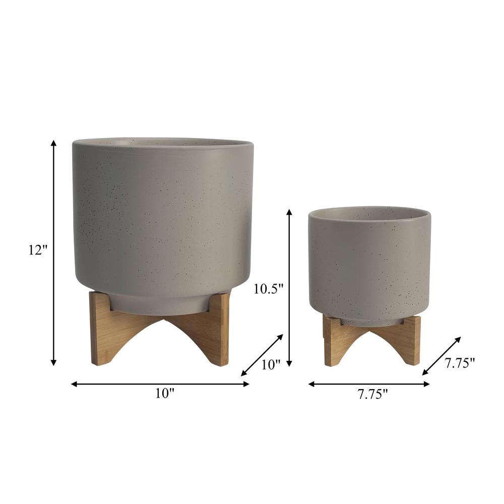 Cer, S/2 8/10"  Planter W/ Wood Stand, Matte Beige. Picture 4