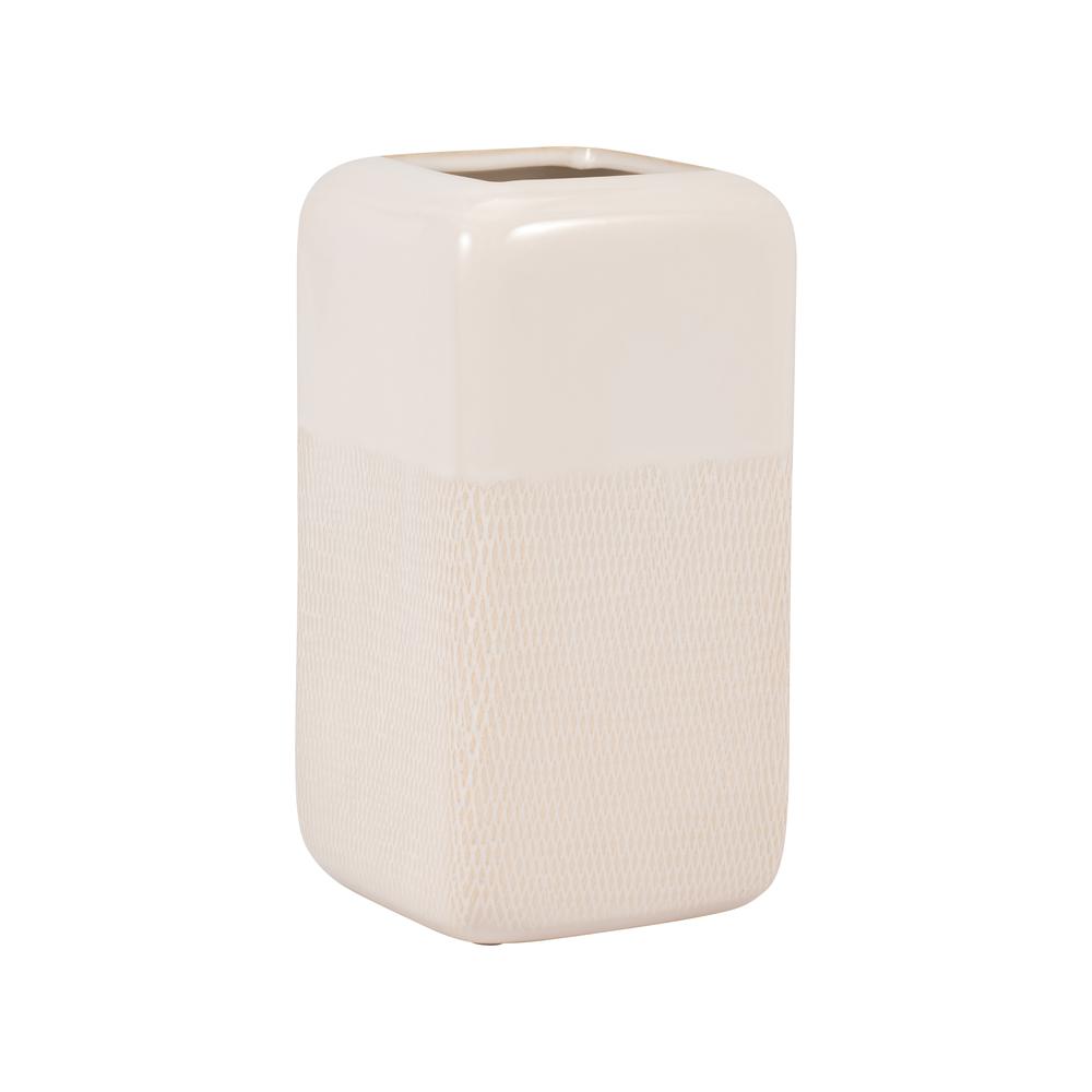 Cer, 10" Squared Grooved Vase, Ivory. Picture 2