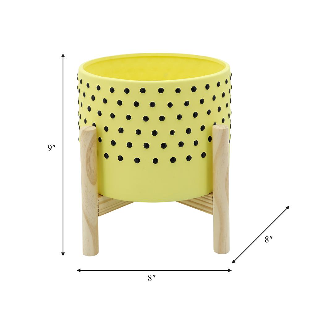 8" Dotted Planter W/ Wood Stand, Yellow. Picture 3