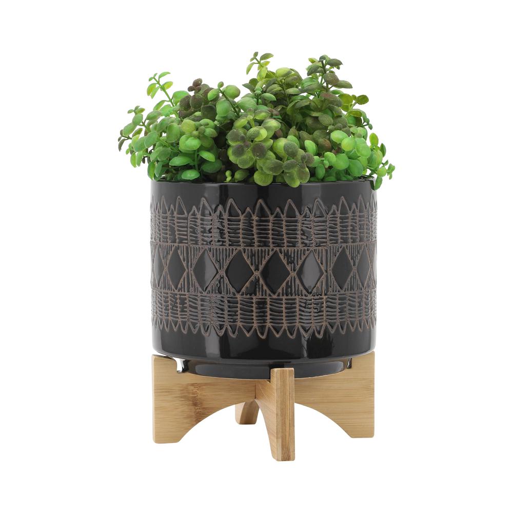 Cer, S/2 5/8" Aztec Planter On Wooden Stand, Black. Picture 3