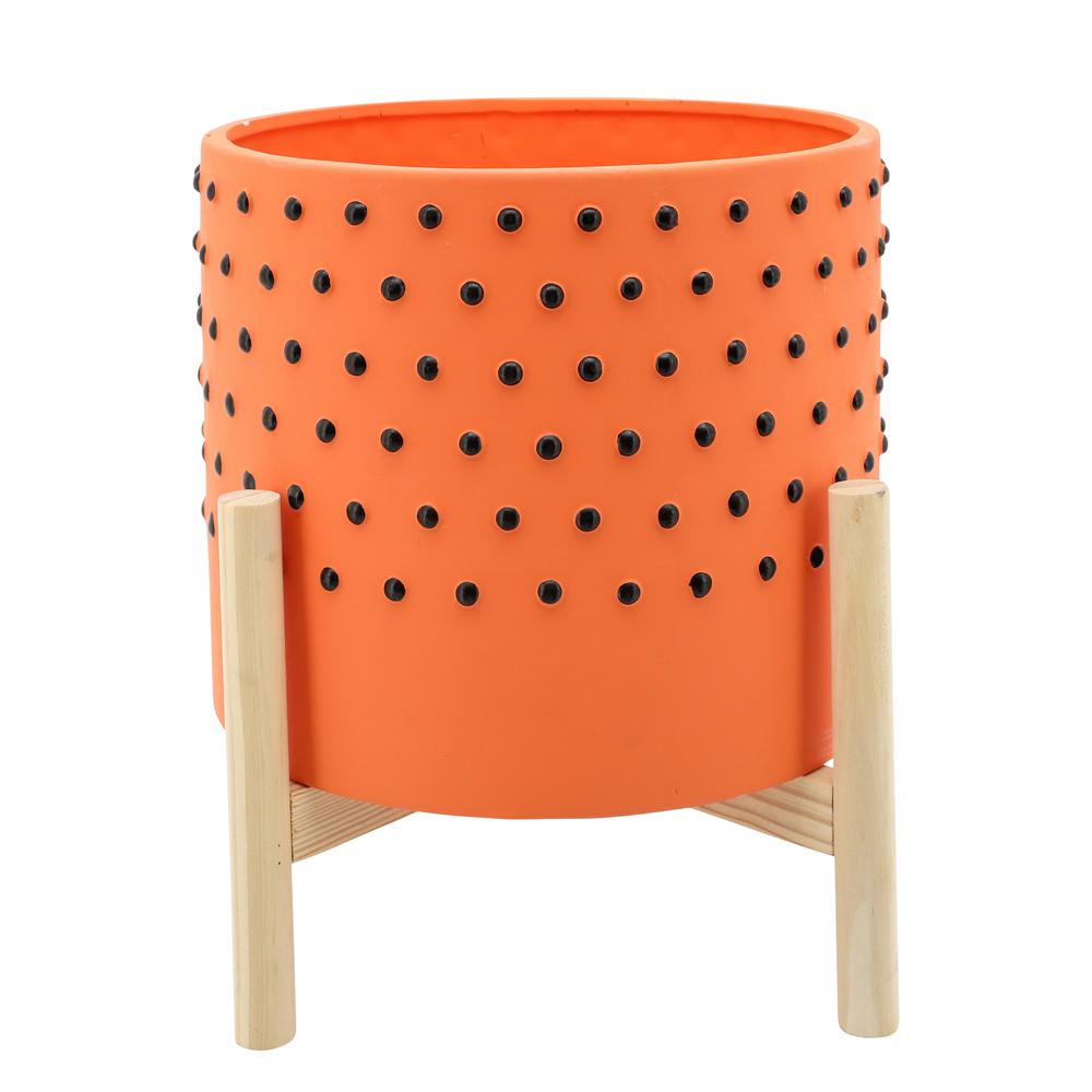 10" Dotted Planter W/ Wood Stand, Orange. Picture 1