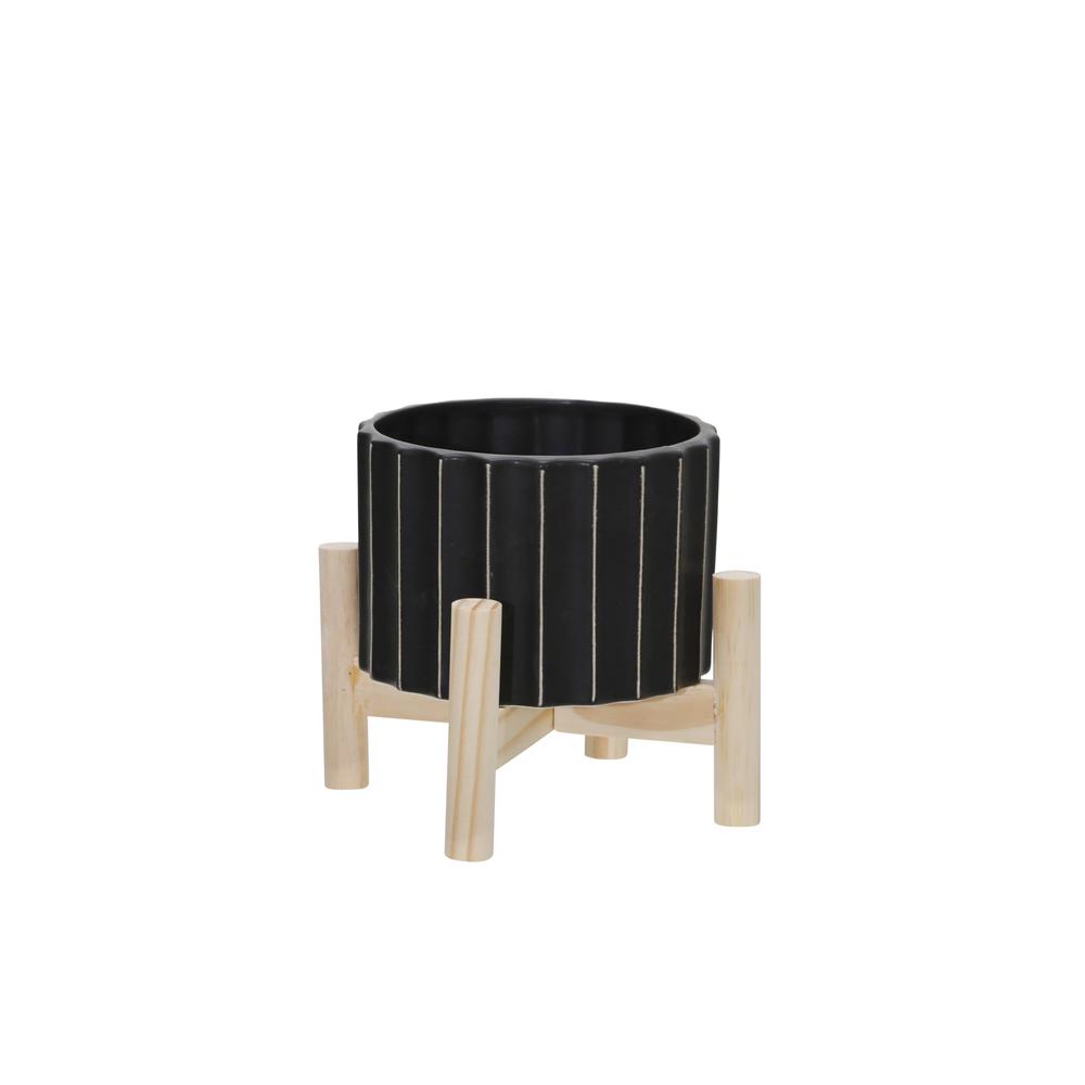 6" Ceramic Fluted Planter W/ Wood Stand, Black. Picture 1