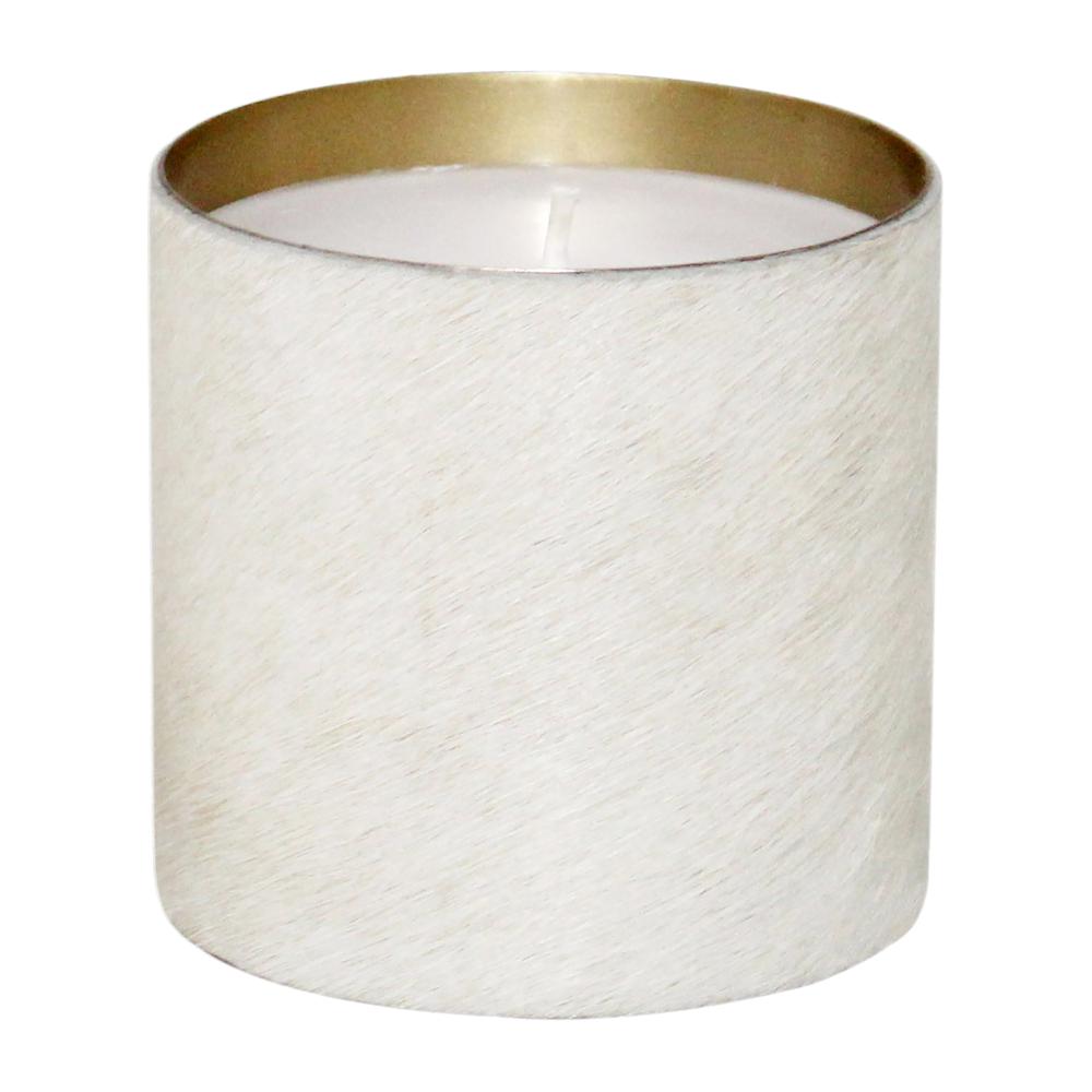 Metal, 4" 22 Oz Hair On Hide Candle, White/gold. Picture 1