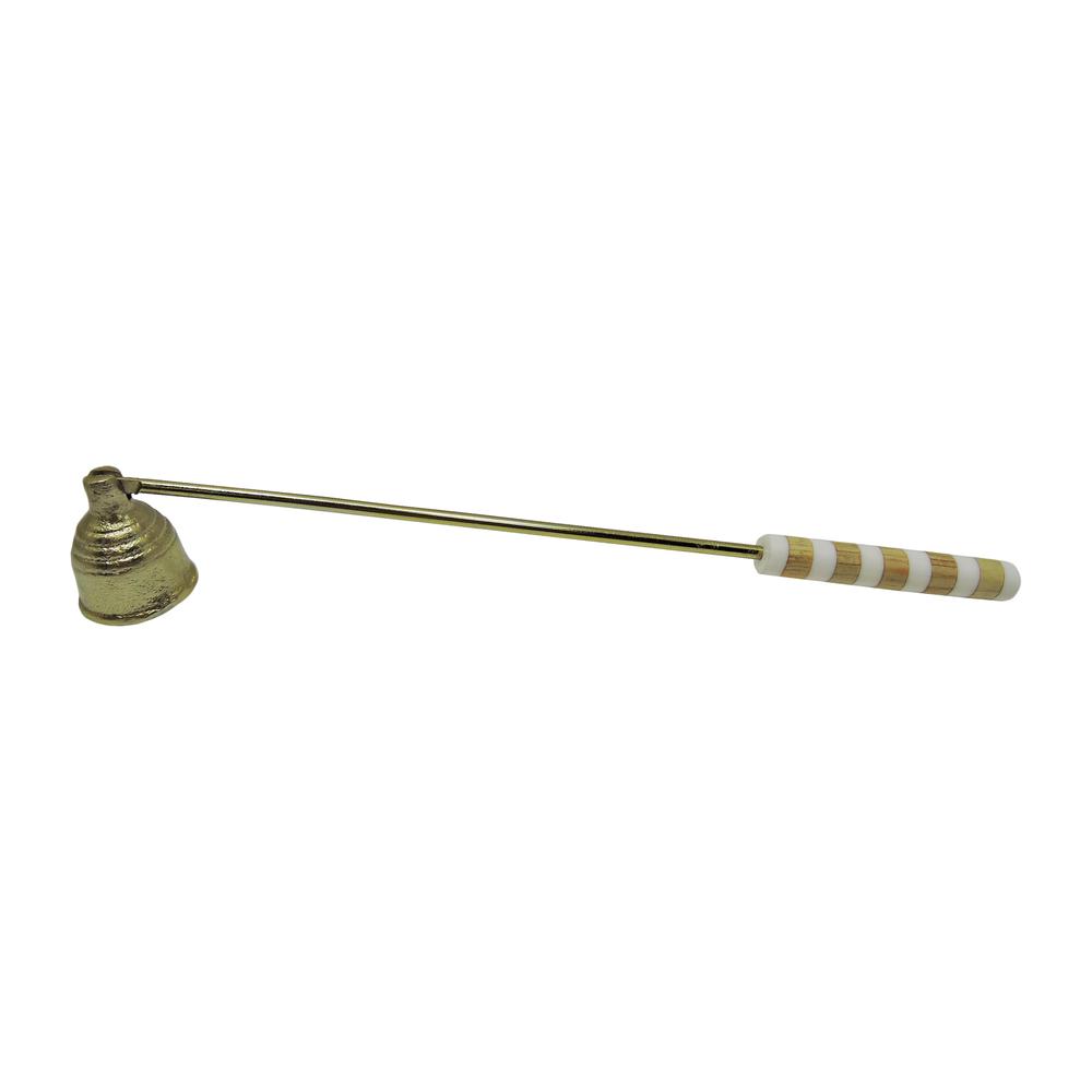 Metal, 13"  Striped Candle Snuffer, White/gold. Picture 1