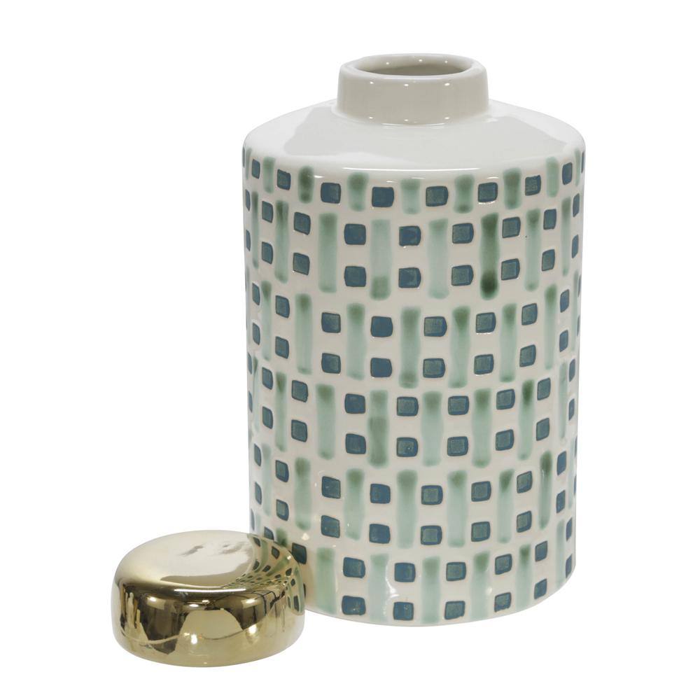 Ceramic 9" Jar With Gold Lid, Green/white. Picture 2