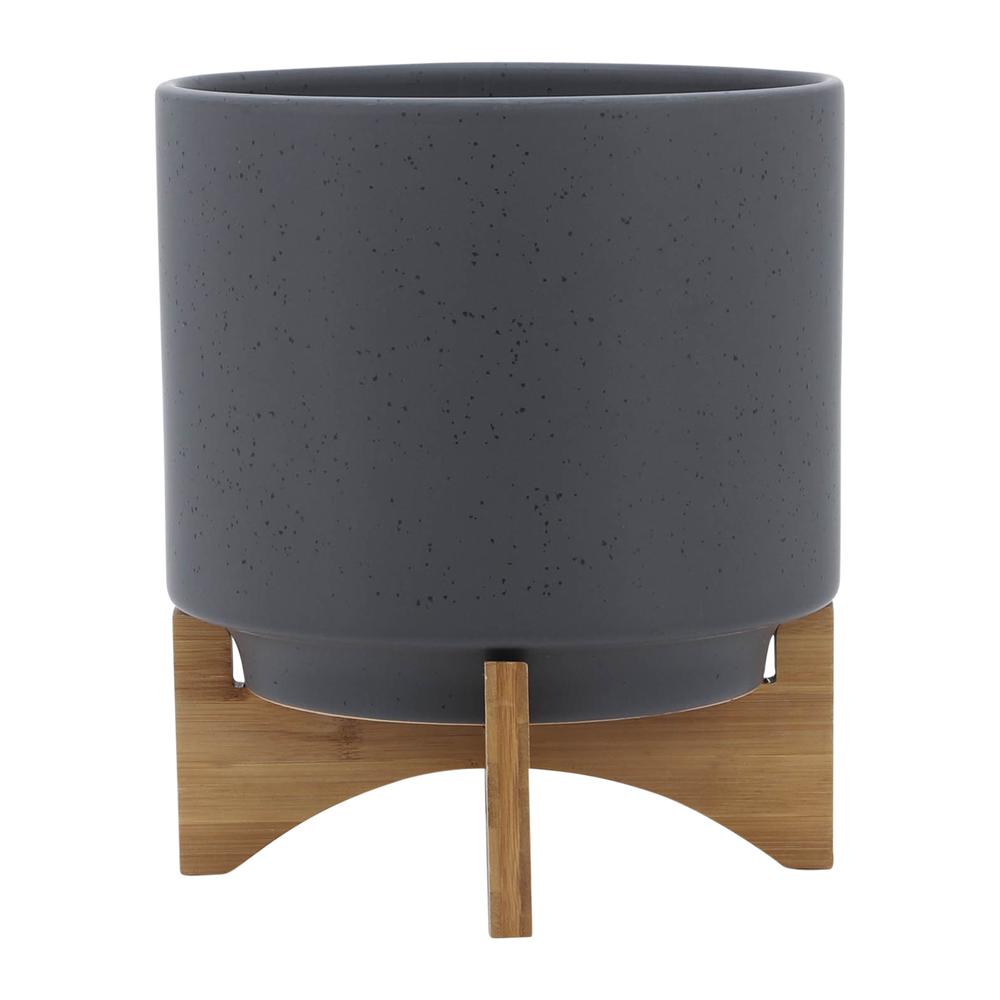 10" Planter W/ Wood Stand, Matte Gray. Picture 2