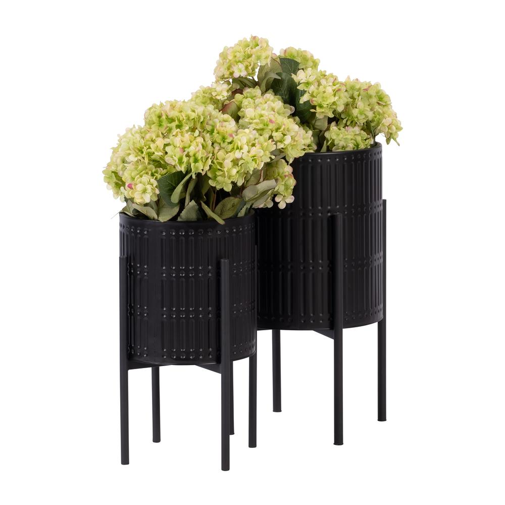 S/2 Ridged Planters In Metal Stand, Black. Picture 3