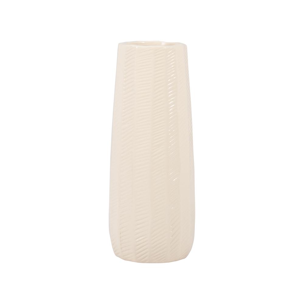 Cer, 12" Etched Lines Cylinder Vase, Cotton. Picture 1