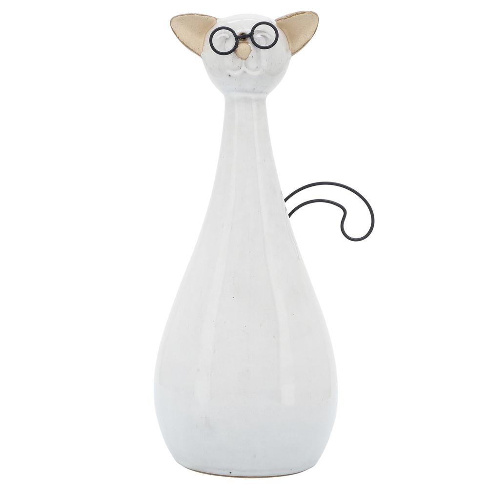 Cer, 10"h Chubby Cat W/ Glasses, Beige. Picture 1