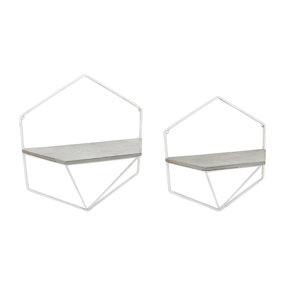 S/2 Metal / Wood Hexagon Wall Shelves, Wht/gray. Picture 1