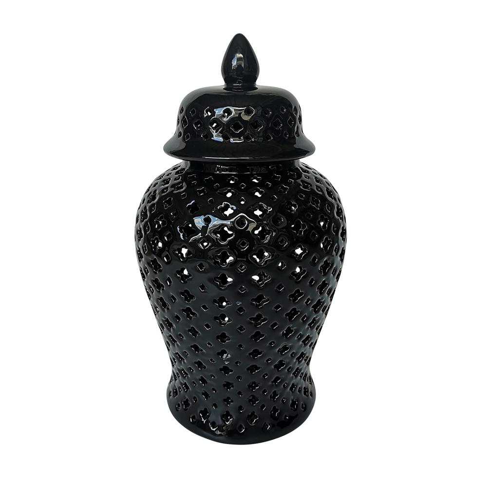 17" Cut-out Clover Temple Jar, Black. Picture 1
