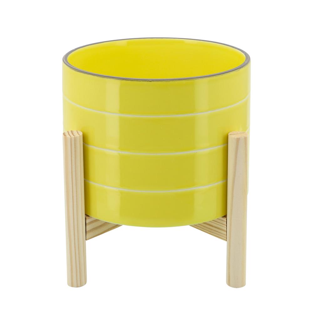 8" Striped Planter W/ Wood Stand, Yellow. Picture 1