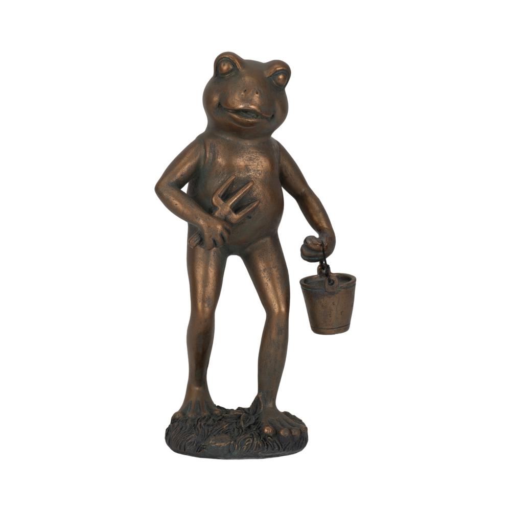 11" Gardening Frog, Bronze. Picture 1