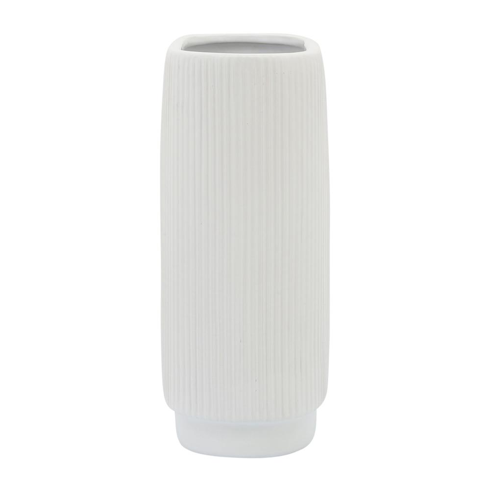 Cer, 12"h Ridged Vase, White. Picture 3