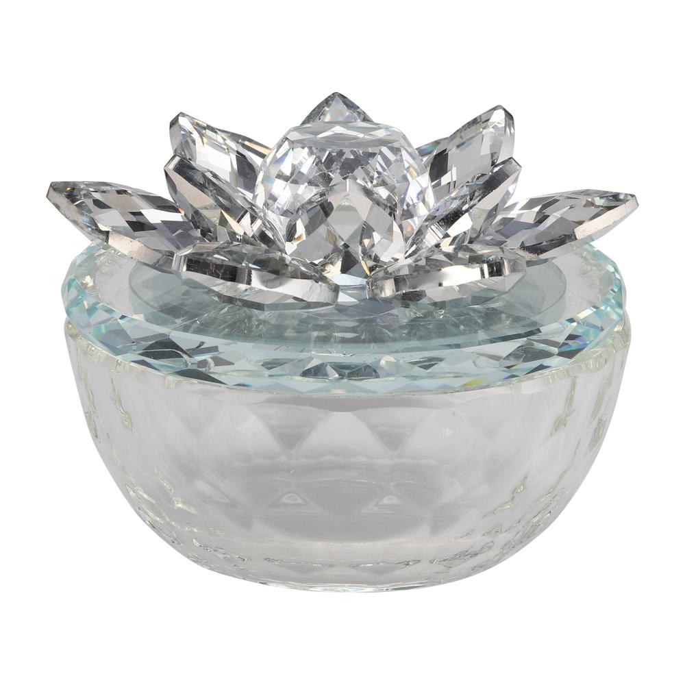 Glass Trinket Box Clear W/silver Lotus Top. Picture 2