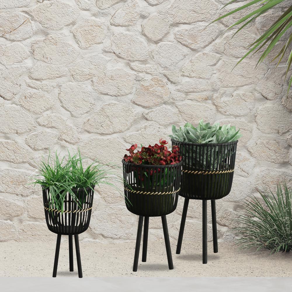 S/3 Bamboo Footed Planters 11/13/15", Black. Picture 9