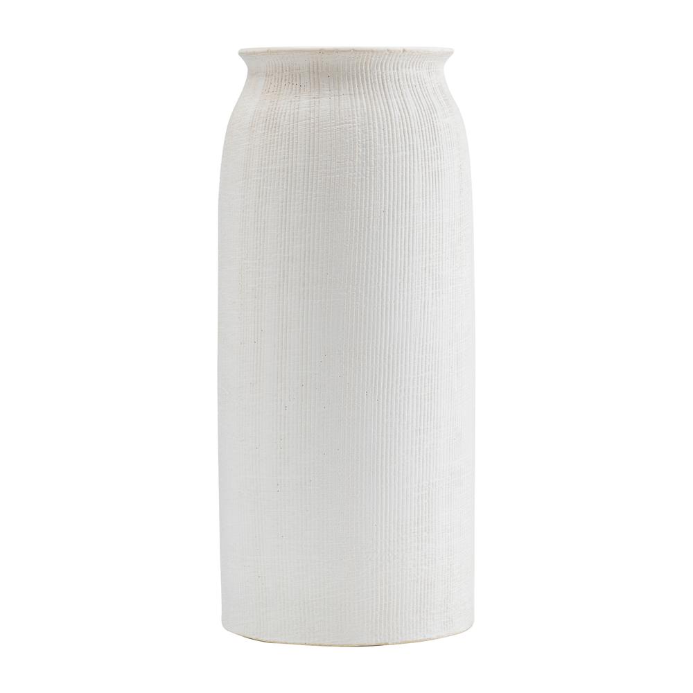 Cer, 16"h Ridged Vase, White. Picture 1