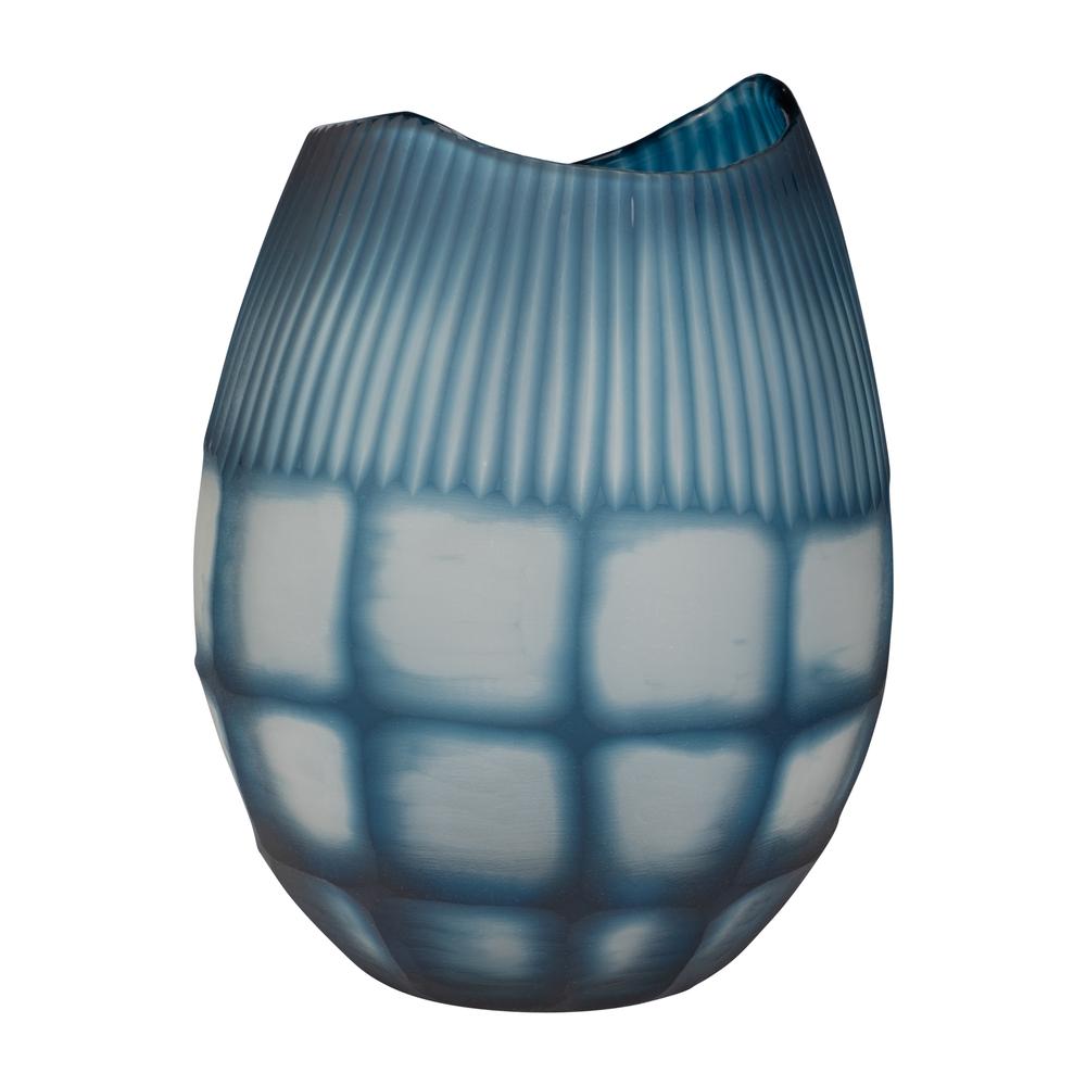 Glass, 12" Carved Vase Blue. Picture 4
