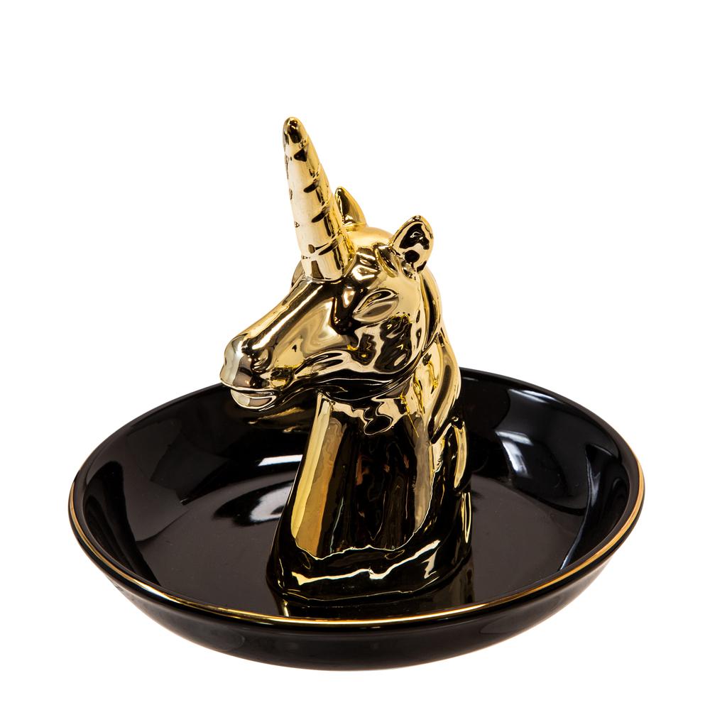Ceramic 6" Unicorn Trinket Tray, Black/gold. Picture 2