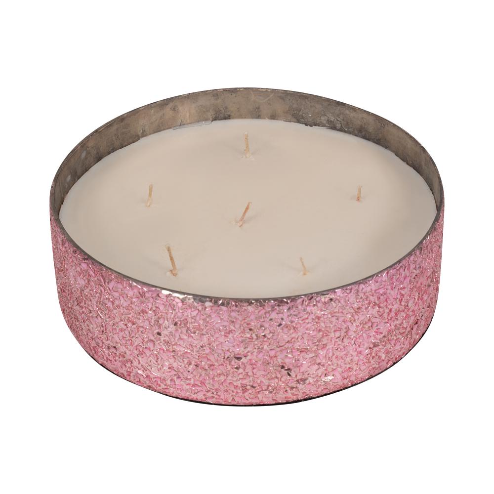 Glass, 8" 49 Oz Crackled Bowl Scented Candle, Pink. Picture 4