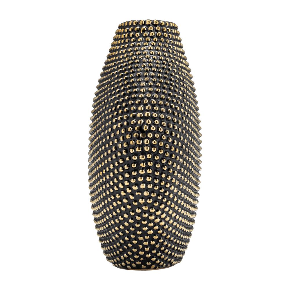 Ceramic 16" Beaded Vase, Black/gold. Picture 4
