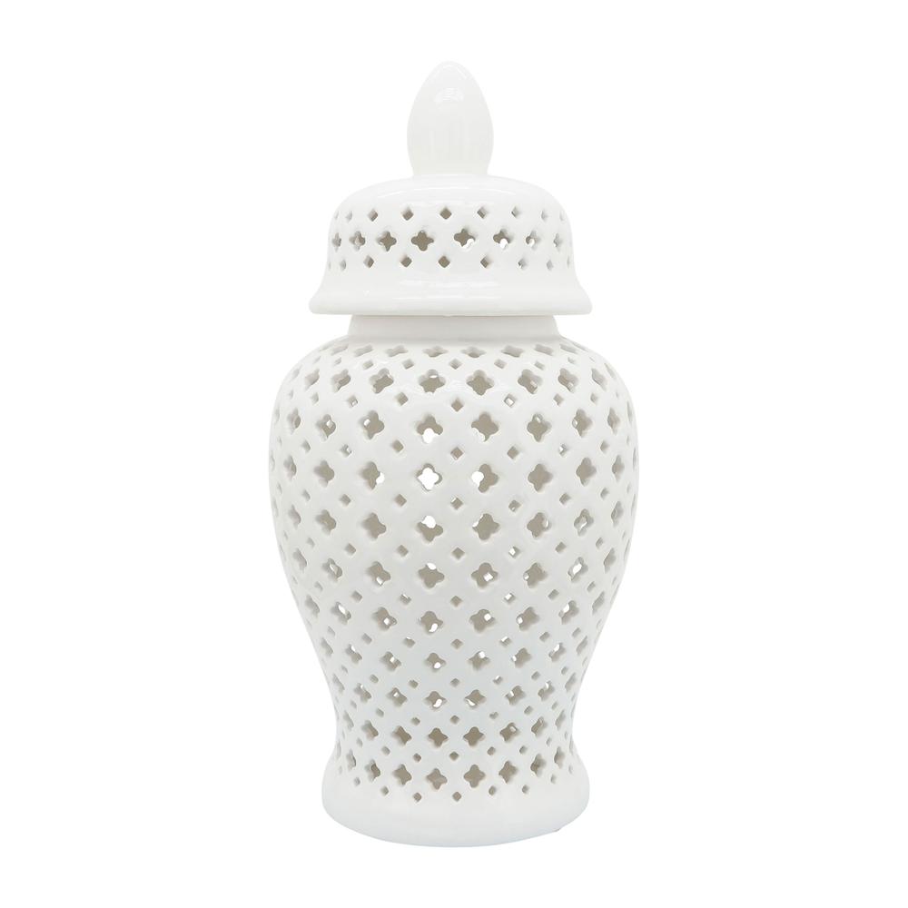 24" Cut-out Clover Temple Jar, White. Picture 1