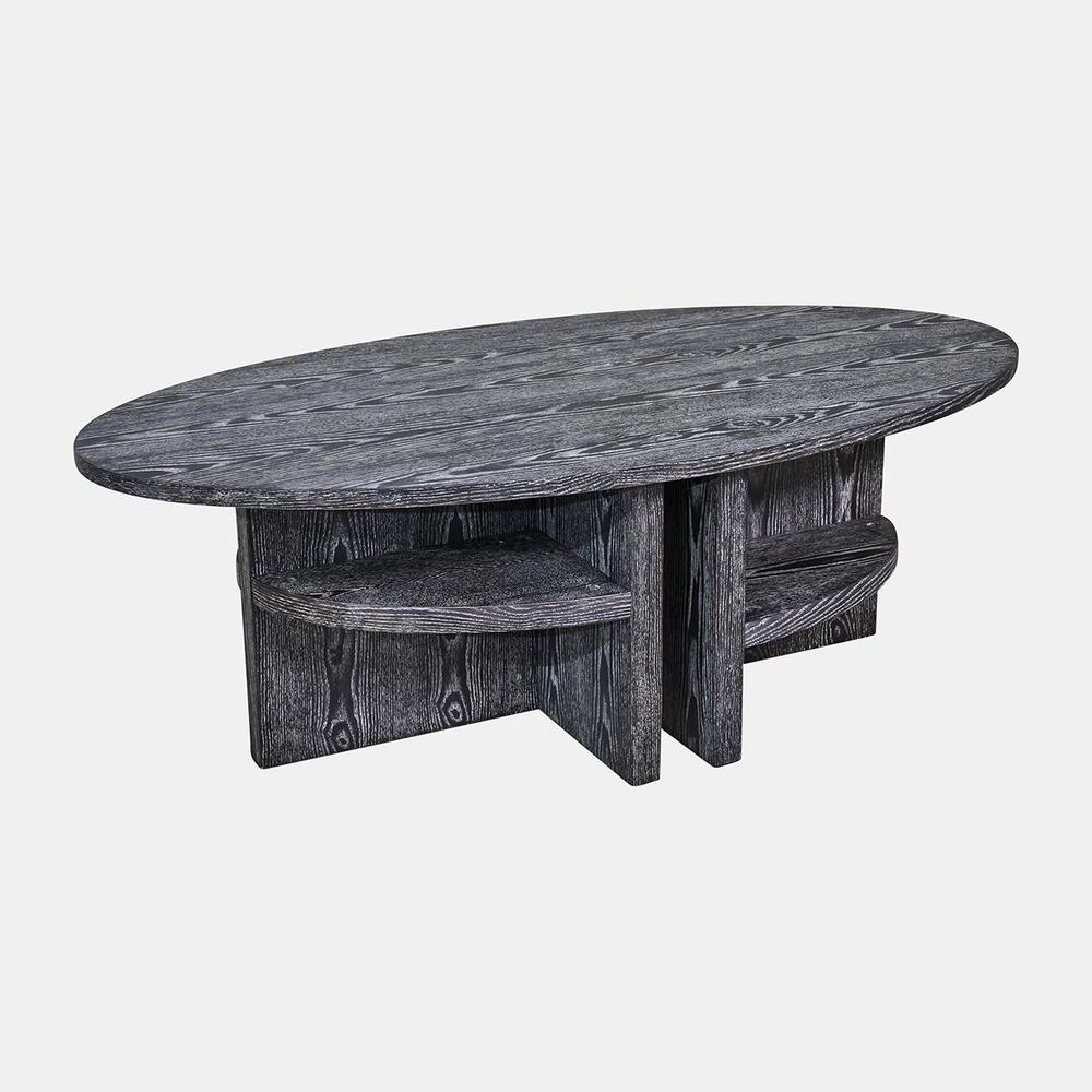 Oval Coffee Table With Bottom Shelves, Gray. Picture 4