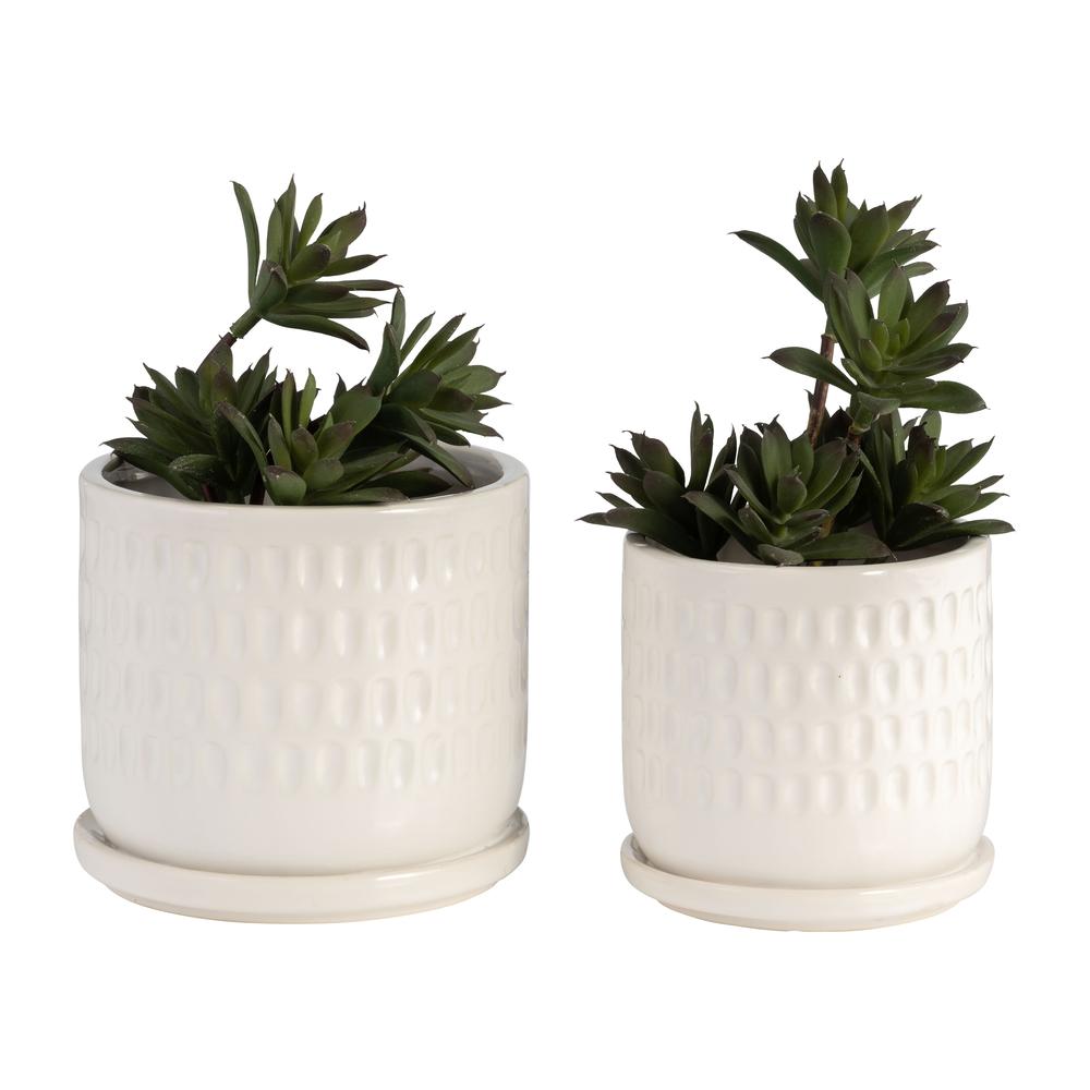 S/2 5/6" Dimpled Planters W/ Saucer, White. Picture 3