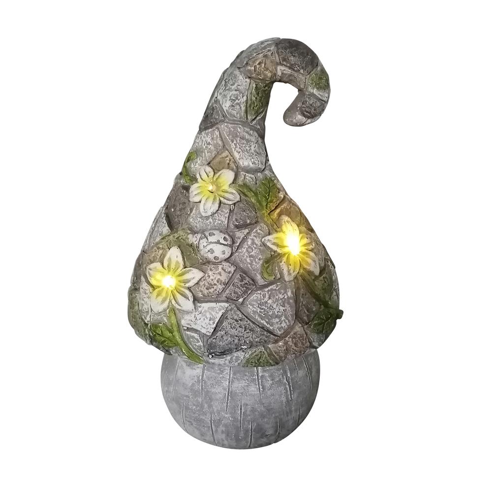 14" Mushroom Statue With Solar Flowers, Grey Multi. Picture 1