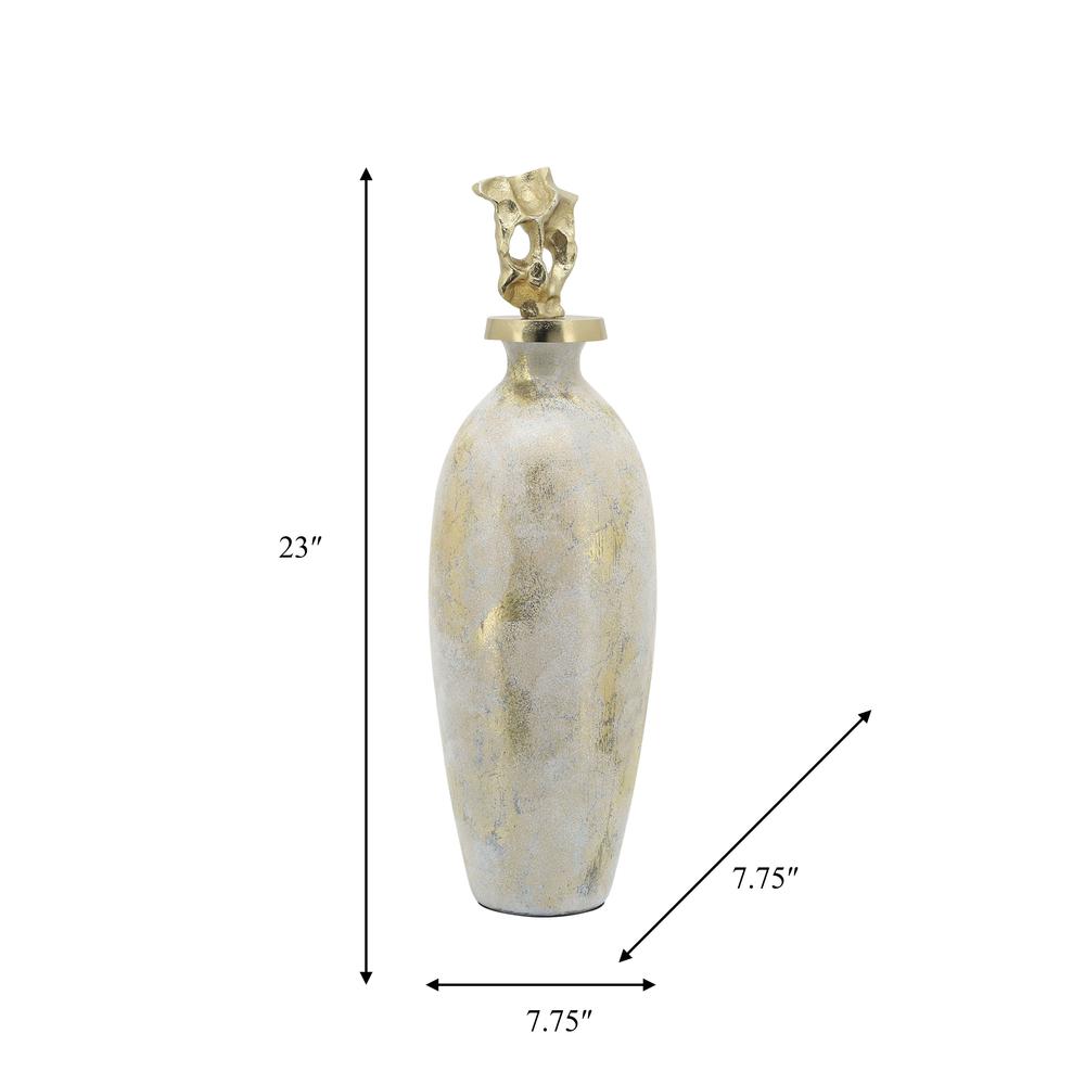 Glass, 23"h Metal Vase Tribal Topper,  White/gold. Picture 8