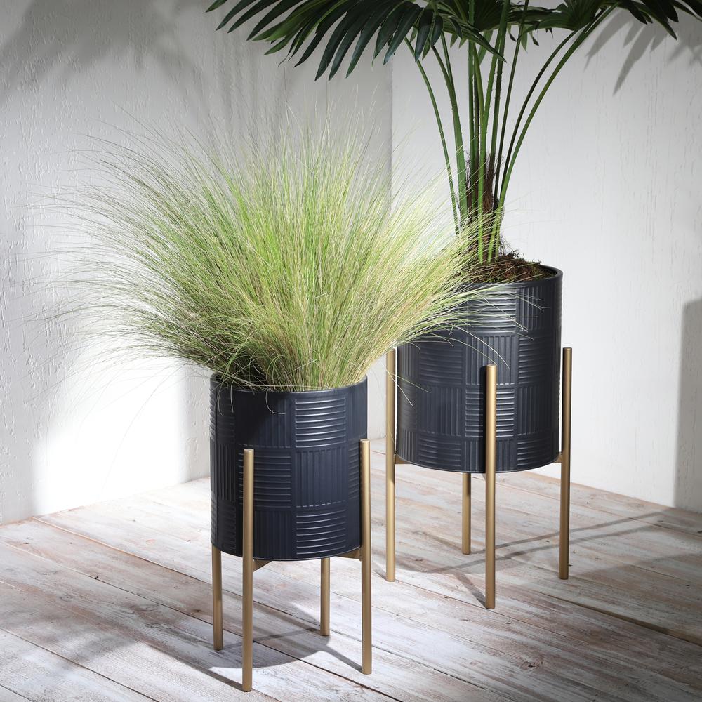 S/2 Planter W/ Lines On Metal Stand, Black/gold. Picture 7