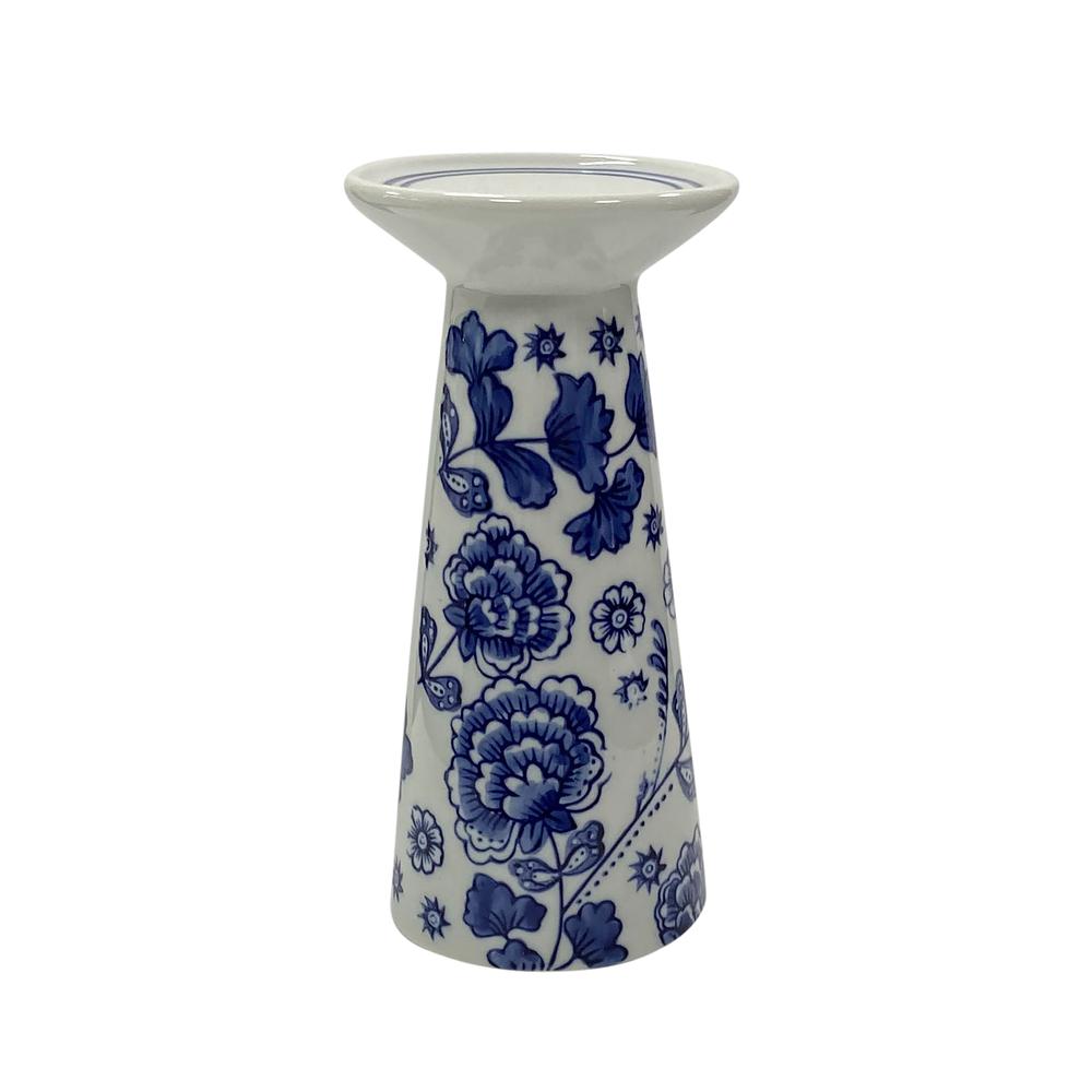 Porc, 8" Chinoiserie Floral Candle Holder, Blue/wh. Picture 1