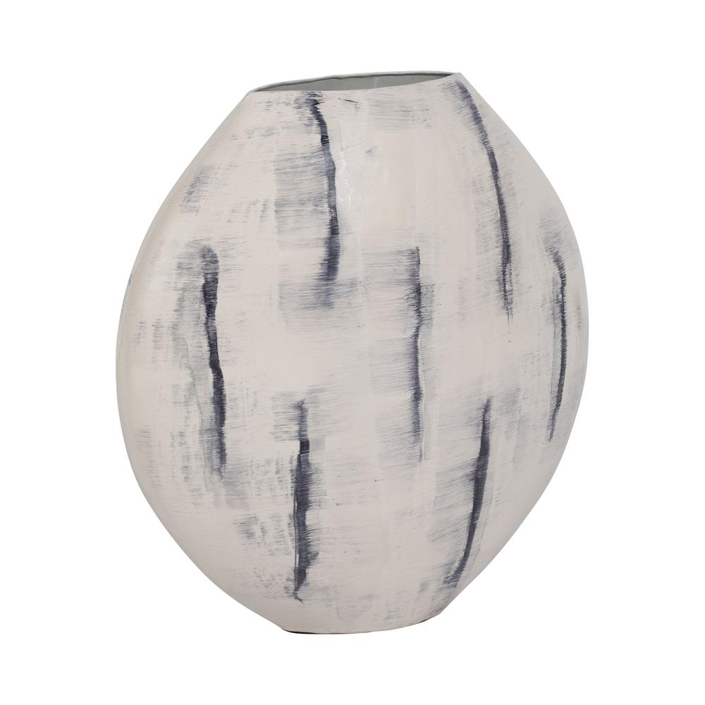 Metal, 20" Enameled Round Vase, Distressed White. Picture 2